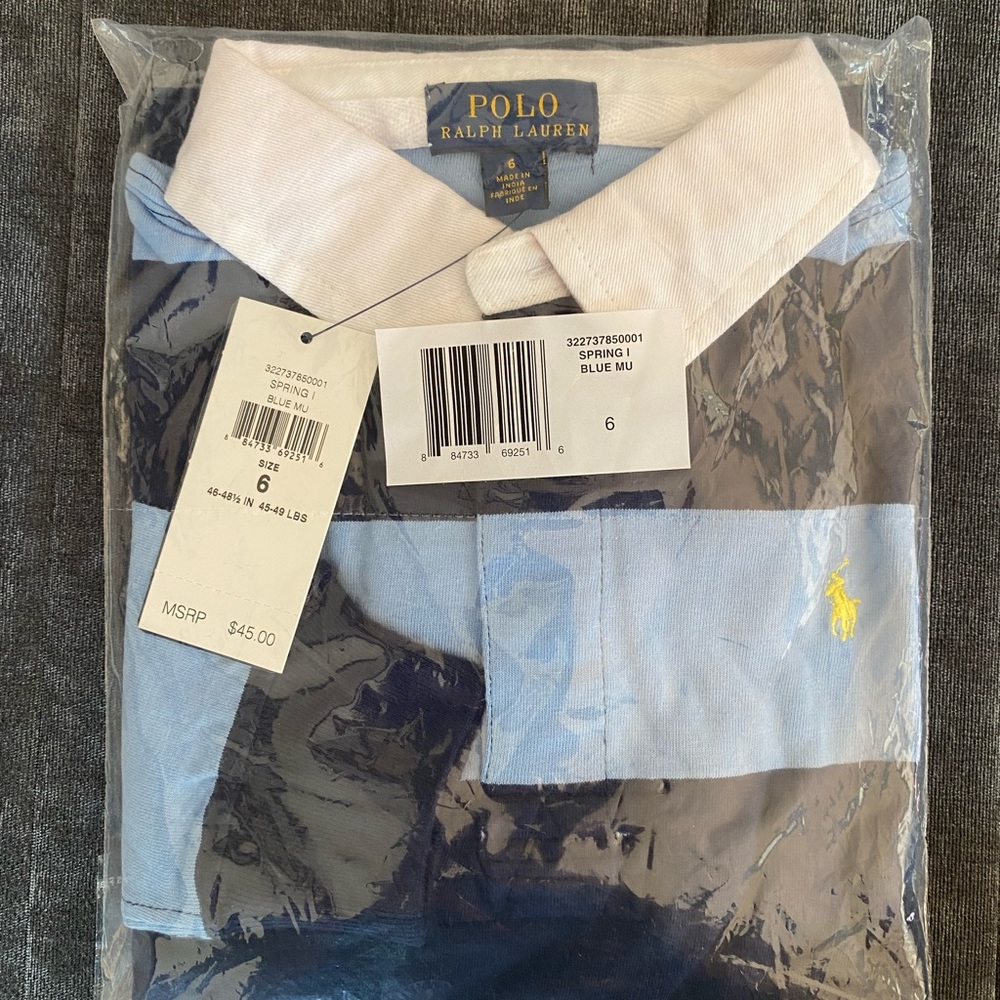 POLO Ralph Lauren BOY Striped Cotton Rugby (LS) Shirt - BLUE/NAVY - Size 6